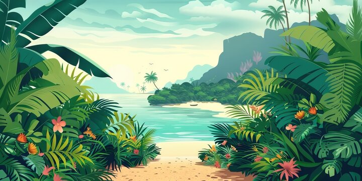 Tropical beach scene with lush greenery, colorful flowers, and a serene ocean view under a beautiful sky, perfect for nature and travel content.