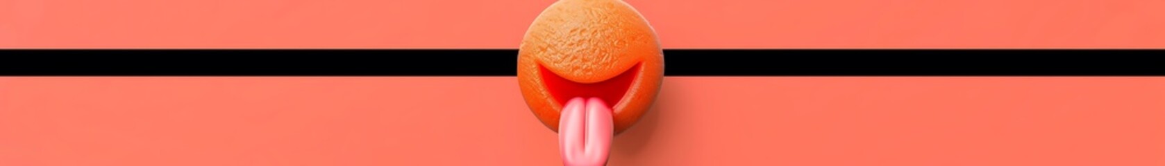Wall Mural - tongue-out emoji on a coral background with space for text The emoji is orange with a playful tongue sticking out