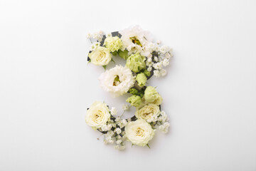Wall Mural - Number 3 made of beautiful flowers on white background, top view