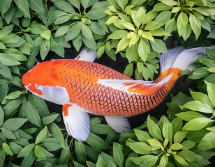 Wall Mural - a big goldfish swimming among the leaves on the lake surface