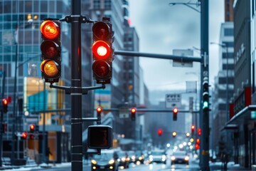 A red traffic light hangs from a pole with a background of tall, modern high-rise building.. Beautiful simple AI generated image in 4K, unique.