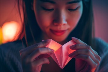 Poster - Moody image of a woman holding a delicately folded paper heart, glowing from within