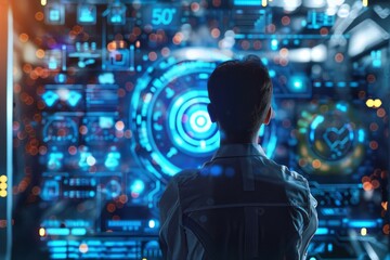 Futuristic Concept: IT manager with centralized IT control dashboard, in IT office, system status and alerts holographically shown. IT management tech, centralized data control. , background blur