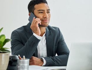 Aufkleber - Business man, phone call and virtual meeting in office with computer for communication and contact. Male person, entrepreneur and mobile with feedback for conversation, discussion and connection