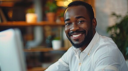 Canvas Print - happy business man receiving positive feedback on a project displayed on his computer screen