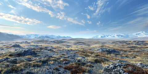barren tundra terrain: a vast tundra landscape with sparse vegetation and no visible signs of life, 