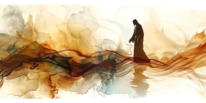 Vibrant portrait of Jesus walking on water in a Christian painting. Concept Christian Art, Jesus, Bible Stories, Miracles, Water Scenes