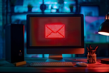 Computer screen with red warning for email security threat in dark office setting, illustrating cybersecurity risk.