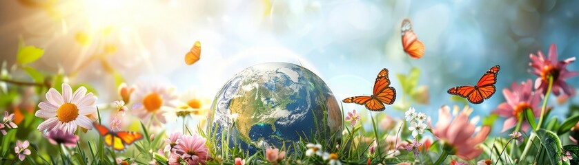 Earth with spring flowers and butterflies, clean backdrop