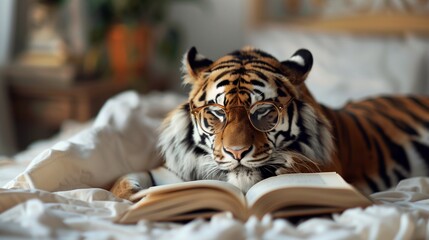 Cute tiger with glasses reading a book.