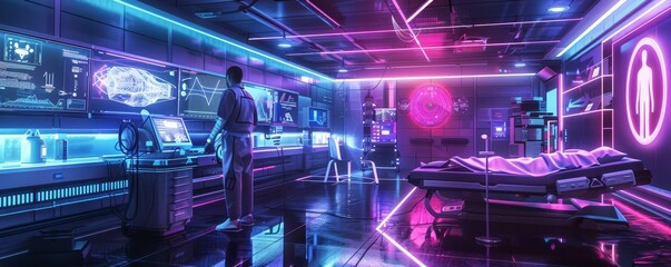 Aufkleber - Futuristic laboratory with neon lights and advanced technology. Scientists conduct experiments in a high-tech environment.