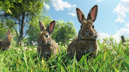 Rabbits munching on the grass In the bright meadow 