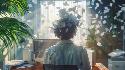 office worker with a pile of work over your head and growth of business On the computer screen