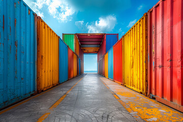 Wall Mural - Vibrant Shipping Container Corridor Under Blue Sky for Logistics Concepts