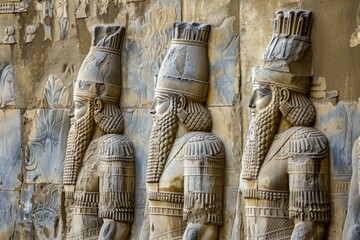 Detailed view of traditional persian soldiers carved in stone at the historical site of persepolis, iran