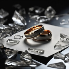 Wall Mural - Wedding rings and shattered diamonds around on dark background