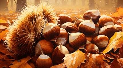 Sticker - Close-Up of Chestnuts and Spiky Shells in Autumn