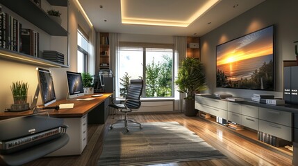 A contemporary home office with a clean desk, dual monitors, and motivational wall art --ar 16:9 --seed 49032228 --stylize 250 Job ID: 2d511b3c-fdb5-433e-bb83-d8d1a64b492f