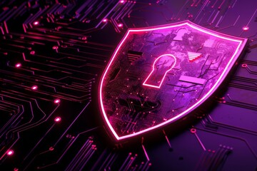 Sticker - Neon pink shield with a lock symbolizing cyber security and data protection in a futuristic digital environment with glowing circuitry