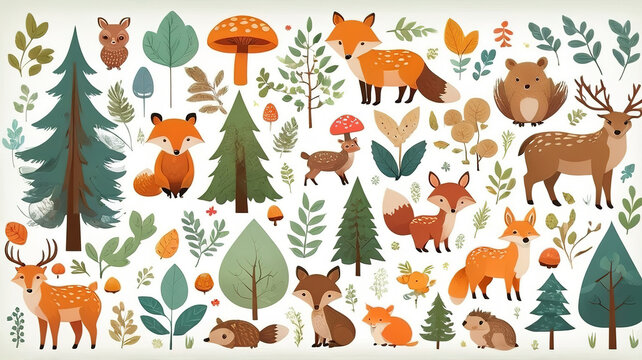 Stickers with wild animals in the forest, cute set. Green trees. Collection of flat vector illustrations isolated on white.