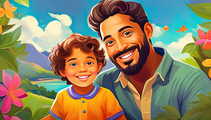 Father and young son illustration. They are smiling at the camera on a beautiful sunny day in an outdoor setting with flowers and the sea. 