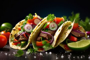 Wall Mural - Delectable chicken avocado tacos served on a simple rustic wooden table.