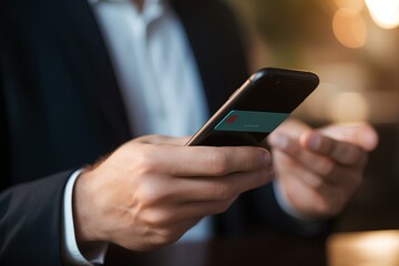 A man in a suit holds a mobile phone in his hand. Businessman with a smartphone in his hands, close-up.