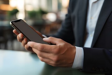 A man in a suit holds a mobile phone in his hand. Businessman with a smartphone in his hands, close-up.