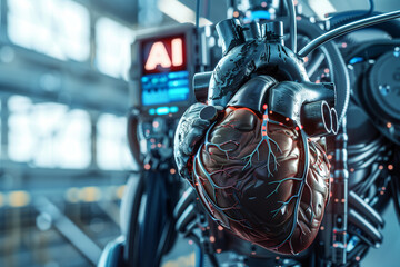 Wall Mural -  close-up shot of a human heart made of steel, intricately detailed with realistic textures and polished surfaces. Wires and cables extend from the heart, connecting it to a sleek
