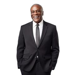 Front view mid shot of a 60-year-old handsome Black man dressed in a classic black blazer over a white dress shirt and charcoal gray dress pants, smiling on a white transparent background