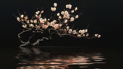 blooming cherry tree branch on black background. spring blossom illustration. white flowers blossom 