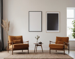 Two armchairs in room with white wall and big frame poster on it. Scandinavian style interior design of modern living room.