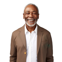 Front view mid shot of a 60-year-old handsome Black man dressed in a tan cardigan over a white dress shirt and navy blue slacks, smiling on a white transparent background