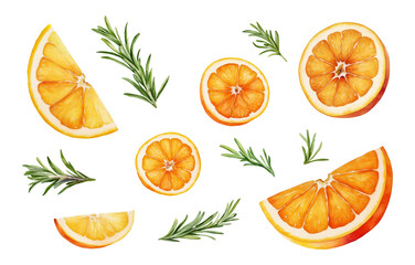 Set of watercolor illustrations of fresh orange slices with rosemary leaves isolated on a transparent background. Botanical image perfect for design, cards, poster, textile, menu. 