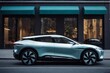 © PNG&Background Image - A futuristic EV car parked on the street with copy space, side view