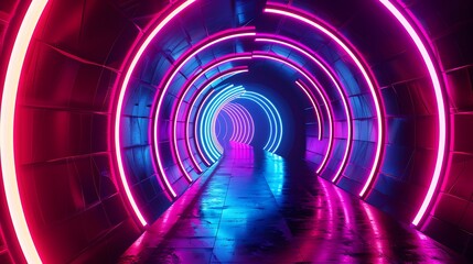 Wall Mural - Vibrant Neon Tunnel: Futuristic Exploration of Abstract Dimensions Illuminated by Glowing Lights, Leading Through a Surreal Journey of Color and Innovation