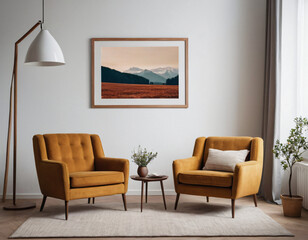 Two armchairs in room with white wall and big frame poster on it. Scandinavian style interior design of modern living room.