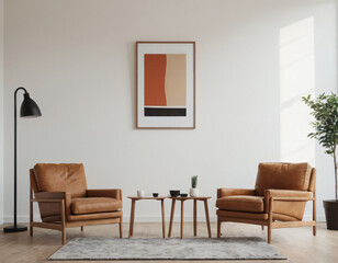 Two armchairs in room with white wall and big frame poster on it. Scandinavian style interior design of modern living room.