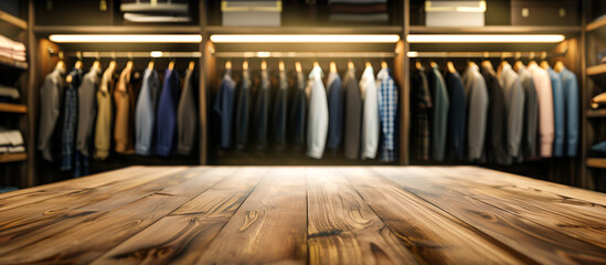 modern wood table with blurred closet with sportswear and formal wear, with clothes hung neatly on hangers