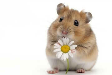 Wall Mural - Cute hamster with soft fur stands on a white background, gently holding a fresh white and yellow daisy with its tiny paws, showcasing innocence and tenderness in a charming portrait