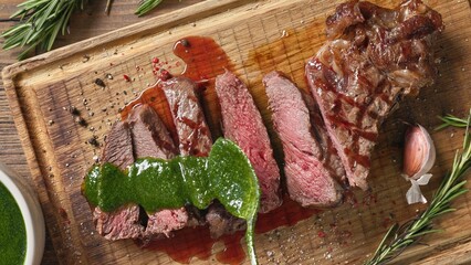 Poster - Chef pours green parsley sauce on a slices of freshly grilled beef steak meat on a wooden cutting board. Close-up of food, top view