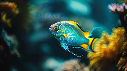 close up of a colorful tropical fish in the ocean, oceanic life scene, fish in underwater, underwater life