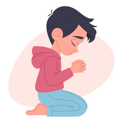 Boy praying on knees, hand-drawn, flat vector illustration, white background