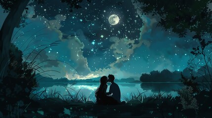 Young couple sharing a romantic moment under a starry sky, with soft moonlight and a serene landscape in the background