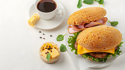 delicious breakfast sandwich with sausage, ham, cheese and a cup of coffee on a white background top view. copy space