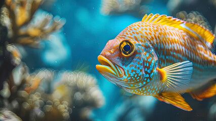 close up of a colorful tropical fish in the ocean, oceanic life scene, fish in underwater, underwater life