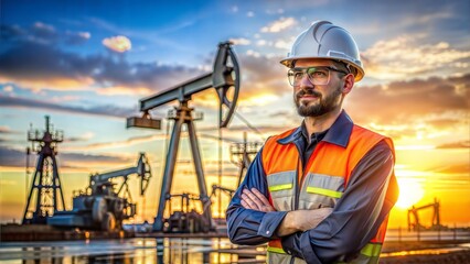 A portrait of a petroleum engineer, possibly with oil rigs or petroleum extraction equipment in the background, representing expertise in oil and gas exploration and production.
