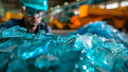 Sorting Broken Glass by Color in a Glass Recycling Workshop: Ensuring Safety Measures. Concept Glass Recycling, Color Sorting, Safety Measures, Workshop, Broken Glass
