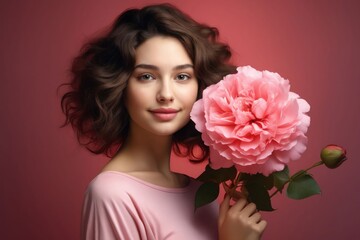 Wall Mural - A beautiful woman holding a pink flower.