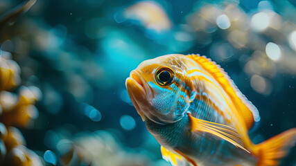 Sticker - close up of a colorful tropical fish in the ocean, oceanic life scene, fish in underwater, underwater life